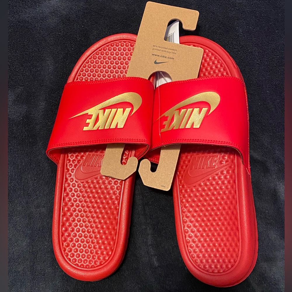 Nike Red Slides with Gold Logo